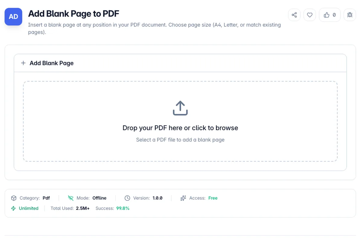 Add Blank Page to PDF interface on Toolz.dev - Insert a blank page at any position in your PDF document. Choose page size (A4, Letter, or match existing pages).