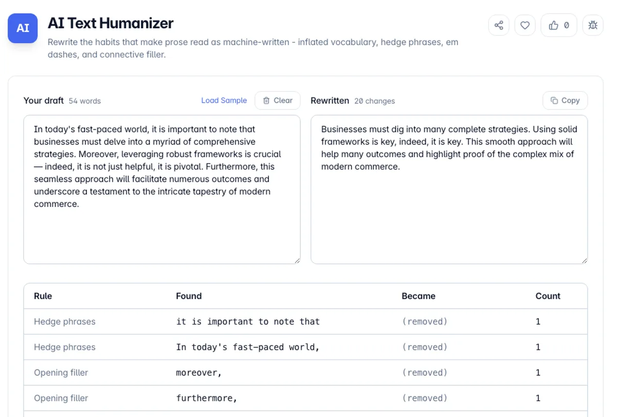 AI Text Humanizer interface on Toolz.dev - Rewrite the habits that make prose read as machine-written - inflated vocabulary, hedge phrases, em dashes, and connective filler.