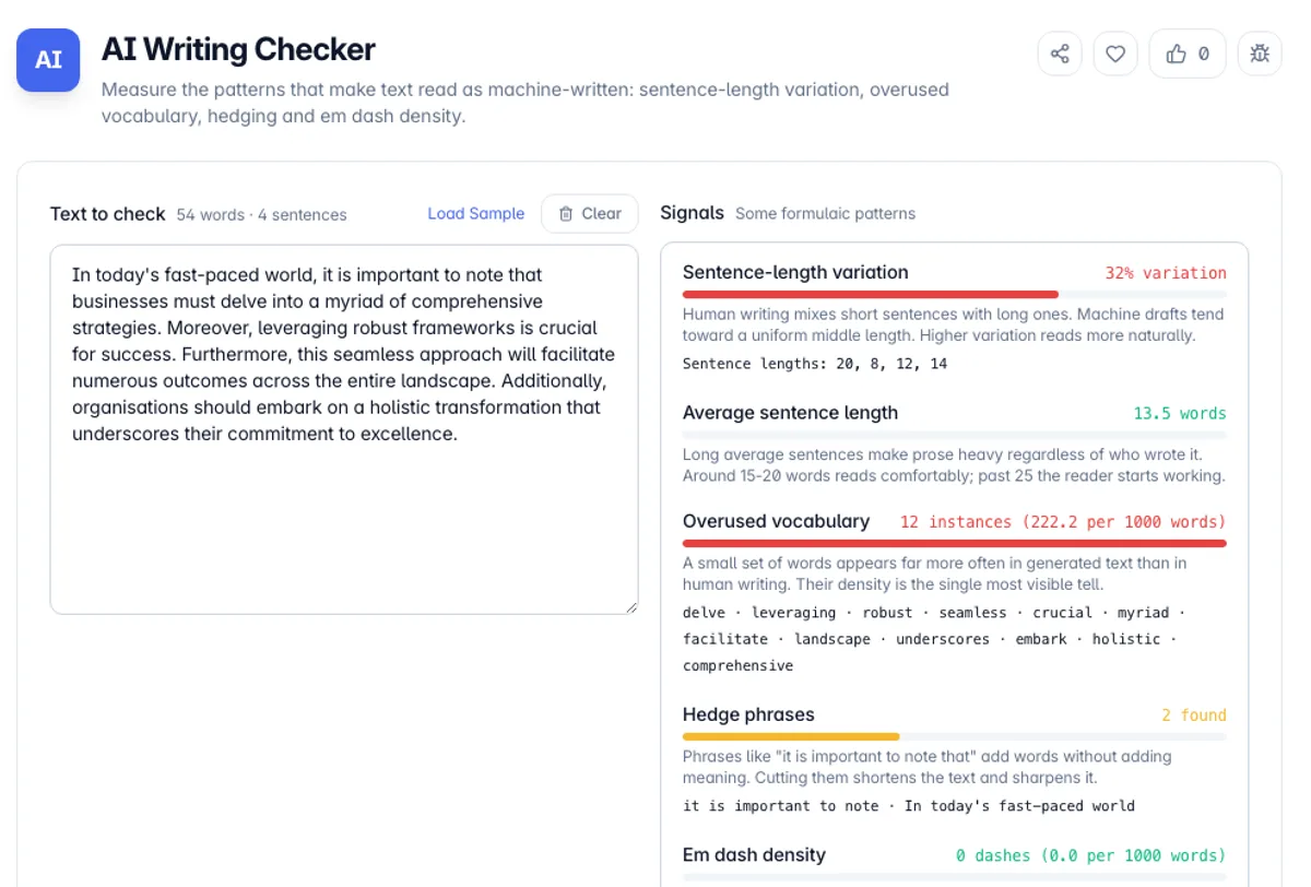 AI Writing Checker interface on Toolz.dev - Measure the patterns that make text read as machine-written: sentence-length variation, overused vocabulary, hedging and em dash density.