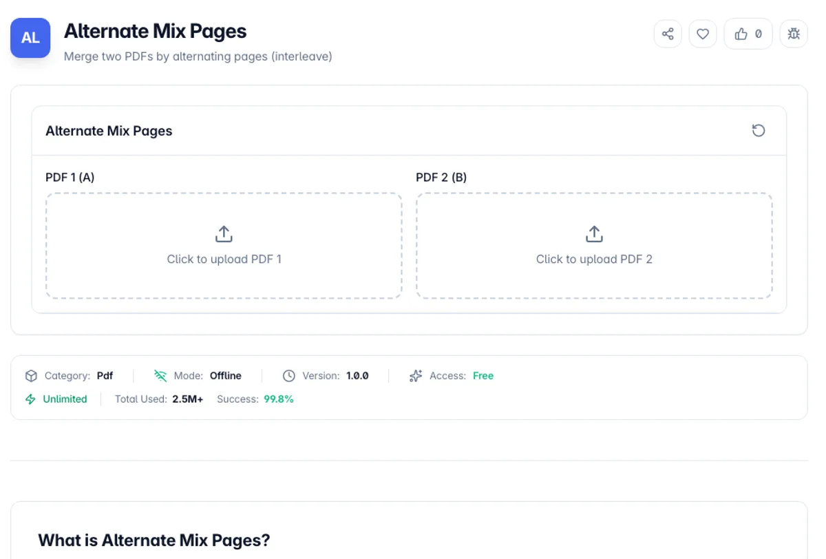Alternate Mix Pages interface on Toolz.dev - Merge two PDFs by alternating pages (interleave)