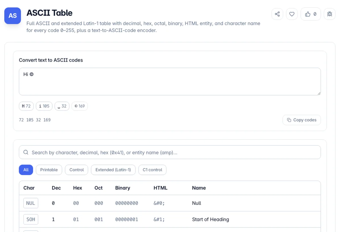 ASCII Table interface on Toolz.dev - Full ASCII and extended Latin-1 table with decimal, hex, octal, binary, HTML entity, and character name for every code 0–255, plus a text-to-ASCII-code encoder.