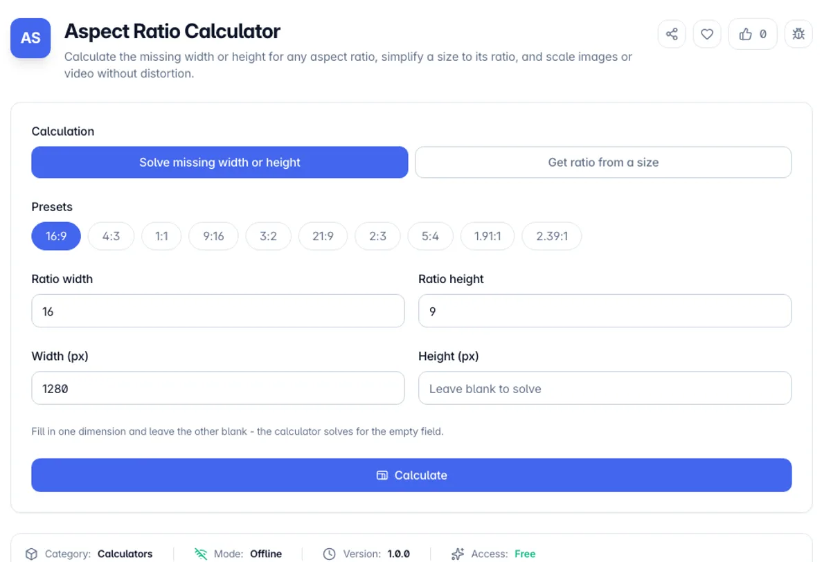 Aspect Ratio Calculator interface on Toolz.dev - Calculate the missing width or height for any aspect ratio, simplify a size to its ratio, and scale images or video without distortion.