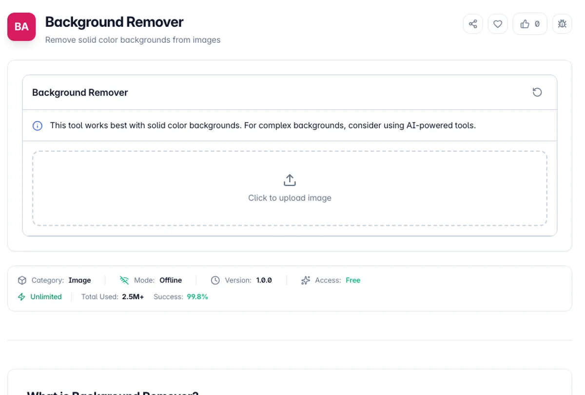 Background Remover interface on Toolz.dev - Remove solid color backgrounds from images