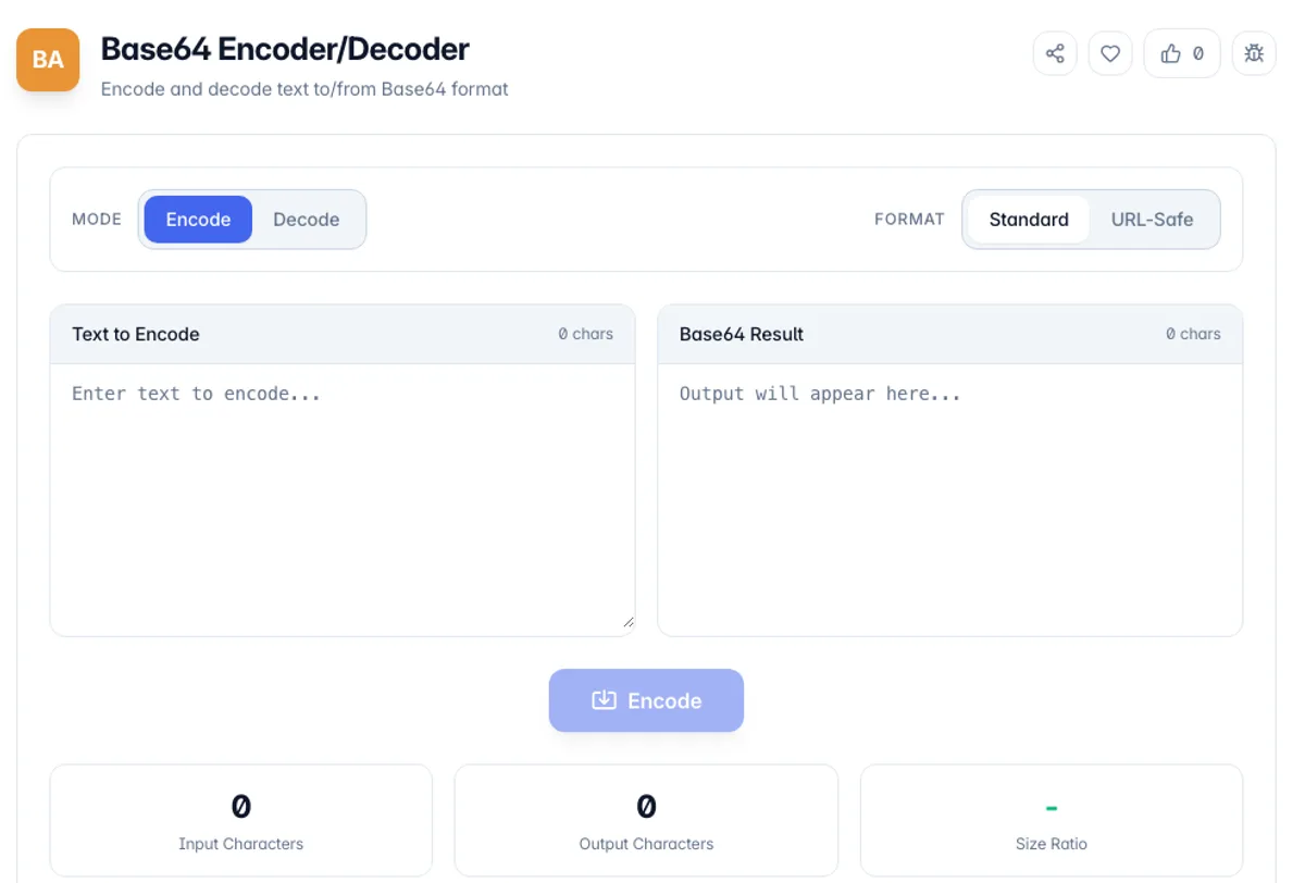 Base64 Encoder/Decoder interface on Toolz.dev - Encode and decode text to/from Base64 format