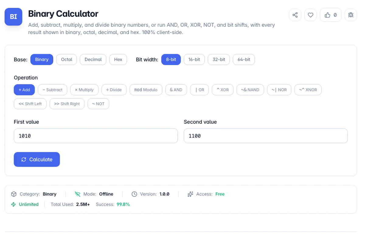 Binary Calculator interface on Toolz.dev - Add, subtract, multiply, and divide binary numbers, or run AND, OR, XOR, NOT, and bit shifts, with every result shown in binary, octal, decimal, and hex. 100% client-side.