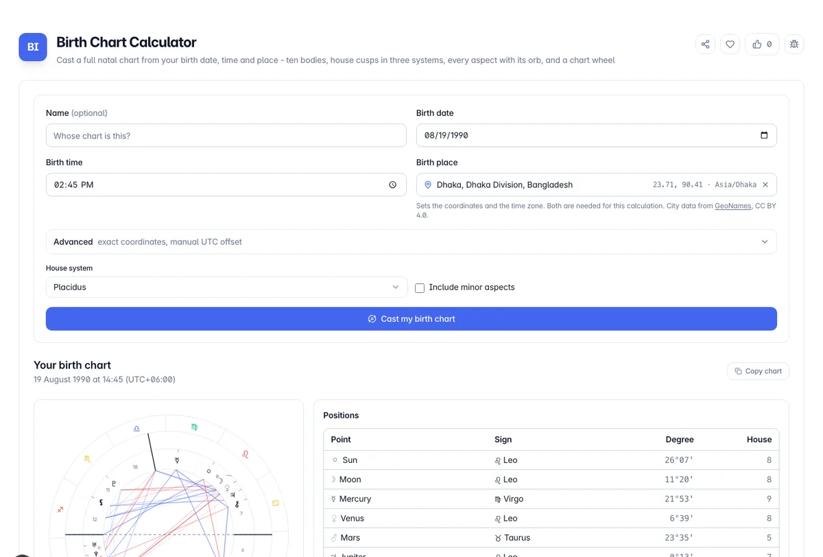 Birth Chart Calculator interface on Toolz.dev - Cast a full natal chart from your birth date, time and place - ten bodies, house cusps in three systems, every aspect with its orb, and a chart wheel