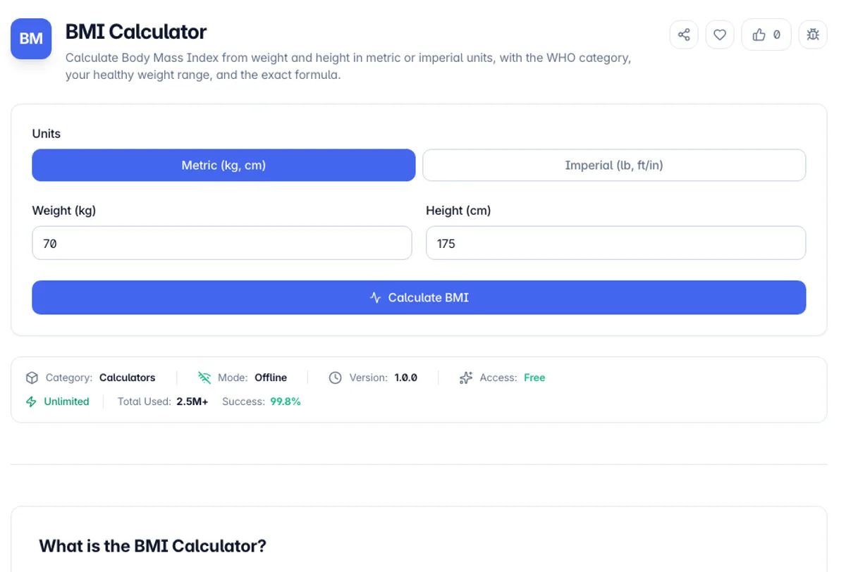 BMI Calculator interface on Toolz.dev - Calculate Body Mass Index from weight and height in metric or imperial units, with the WHO category, your healthy weight range, and the exact formula.