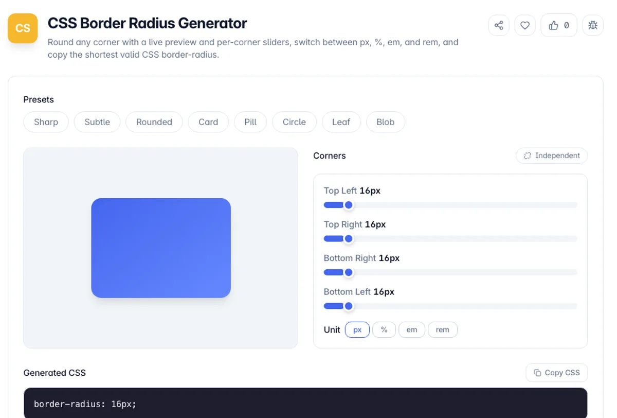 CSS Border Radius Generator interface on Toolz.dev - Round any corner with a live preview and per-corner sliders, switch between px, %, em, and rem, and copy the shortest valid CSS border-radius.
