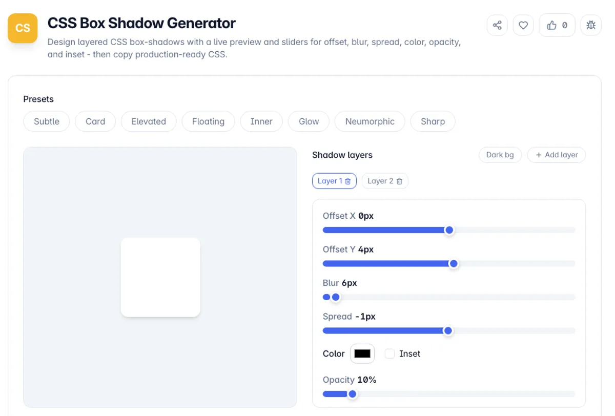 CSS Box Shadow Generator interface on Toolz.dev - Design layered CSS box-shadows with a live preview and sliders for offset, blur, spread, color, opacity, and inset - then copy production-ready CSS.