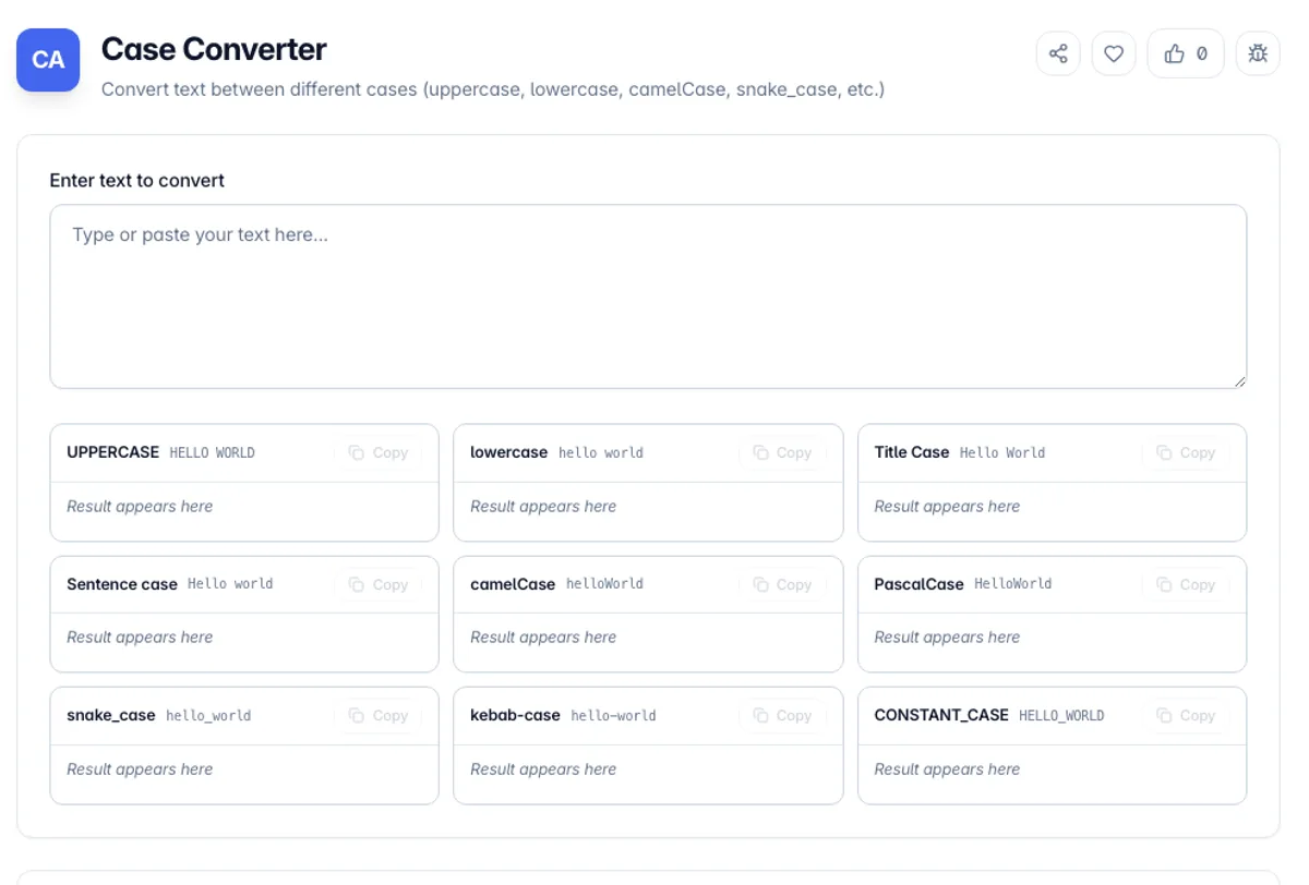 Case Converter interface on Toolz.dev - Convert text between different cases (uppercase, lowercase, camelCase, snake_case, etc.)
