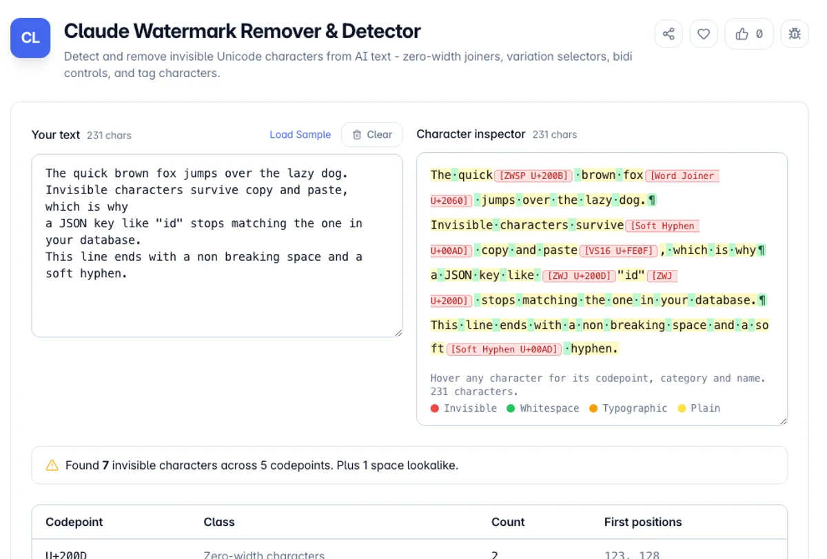 Claude Watermark Remover & Detector interface on Toolz.dev - Detect and remove invisible Unicode characters from AI text - zero-width joiners, variation selectors, bidi controls, and tag characters.