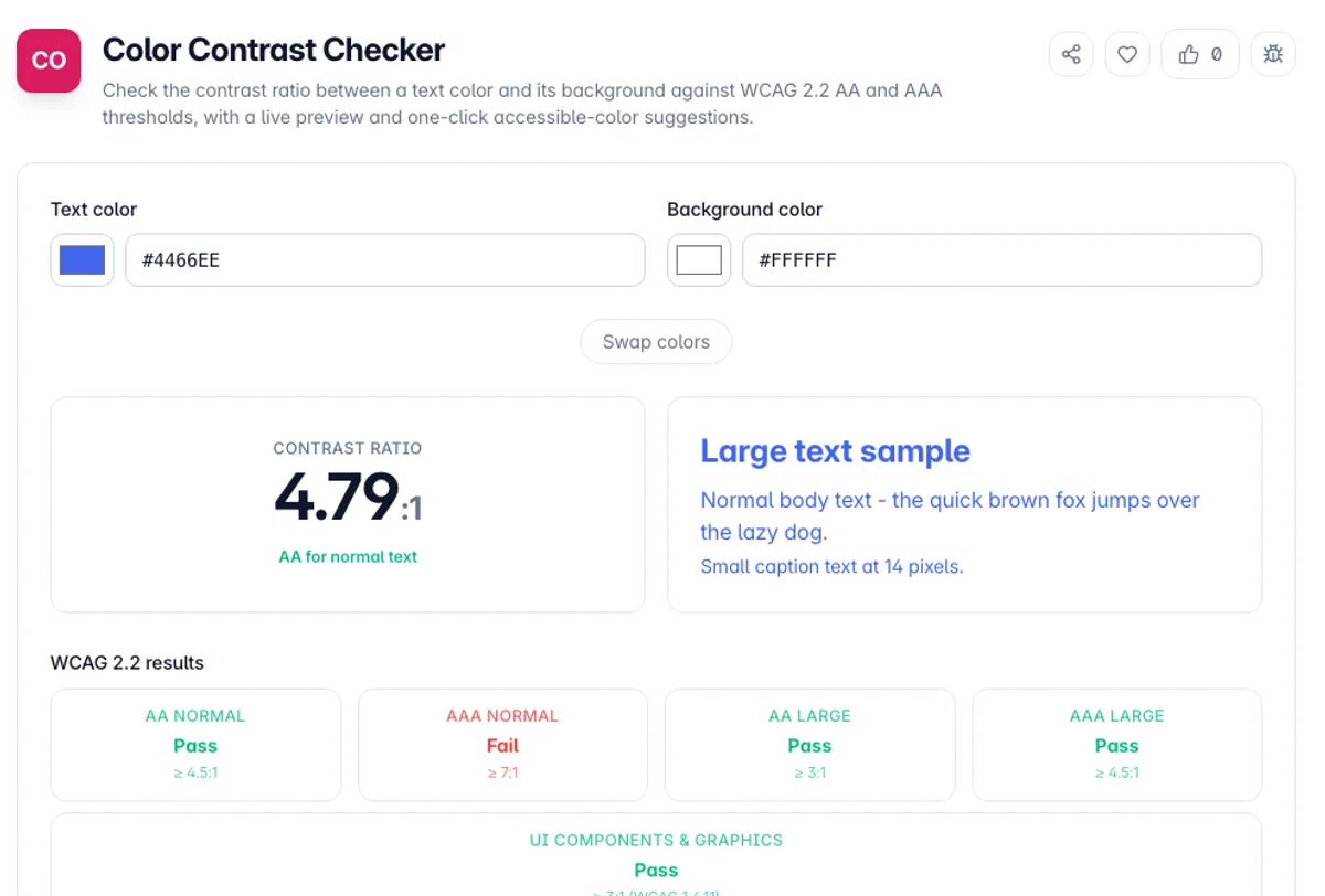Color Contrast Checker interface on Toolz.dev - Check the contrast ratio between a text color and its background against WCAG 2.2 AA and AAA thresholds, with a live preview and one-click accessible-color suggestions.