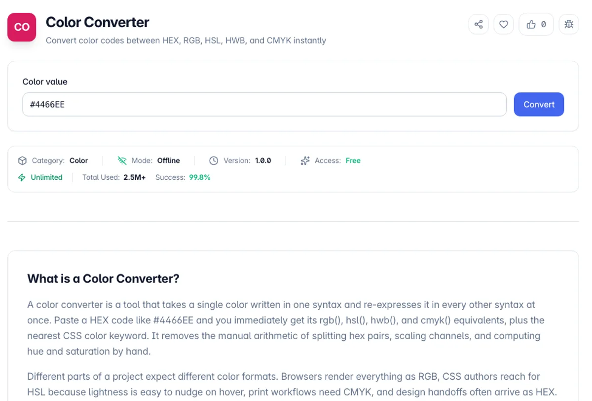 Color Converter interface on Toolz.dev - Convert color codes between HEX, RGB, HSL, HWB, and CMYK instantly