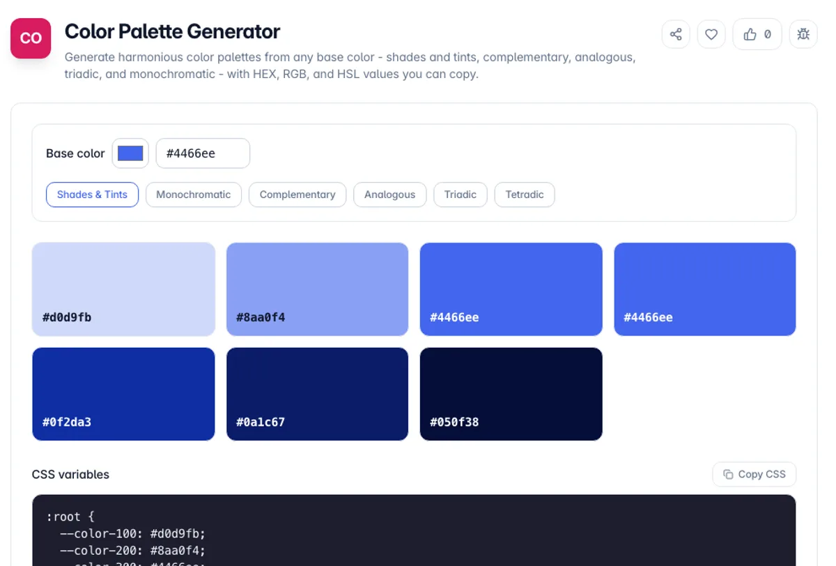 Color Palette Generator interface on Toolz.dev - Generate harmonious color palettes from any base color - shades and tints, complementary, analogous, triadic, and monochromatic - with HEX, RGB, and HSL values you can copy.