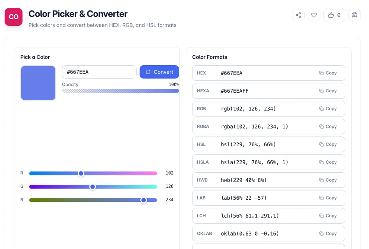 Color Picker & Converter interface on Toolz.dev - Pick colors and convert between HEX, RGB, and HSL formats