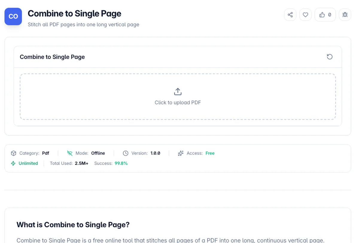 Combine to Single Page interface on Toolz.dev - Stitch all PDF pages into one long vertical page