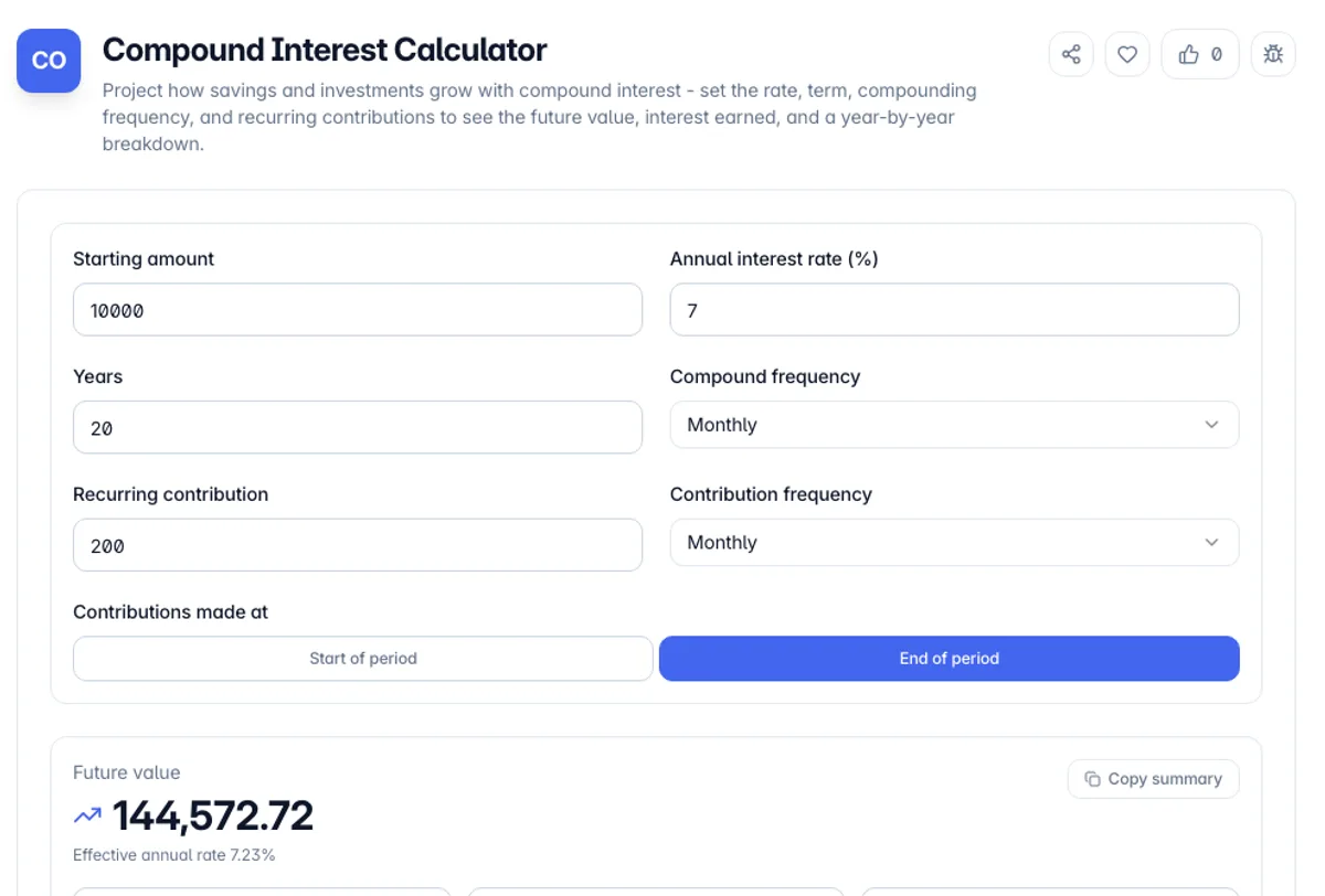 Compound Interest Calculator interface on Toolz.dev - Project how savings and investments grow with compound interest - set the rate, term, compounding frequency, and recurring contributions to see the future value, interest earned, and a year-by-year breakdown.
