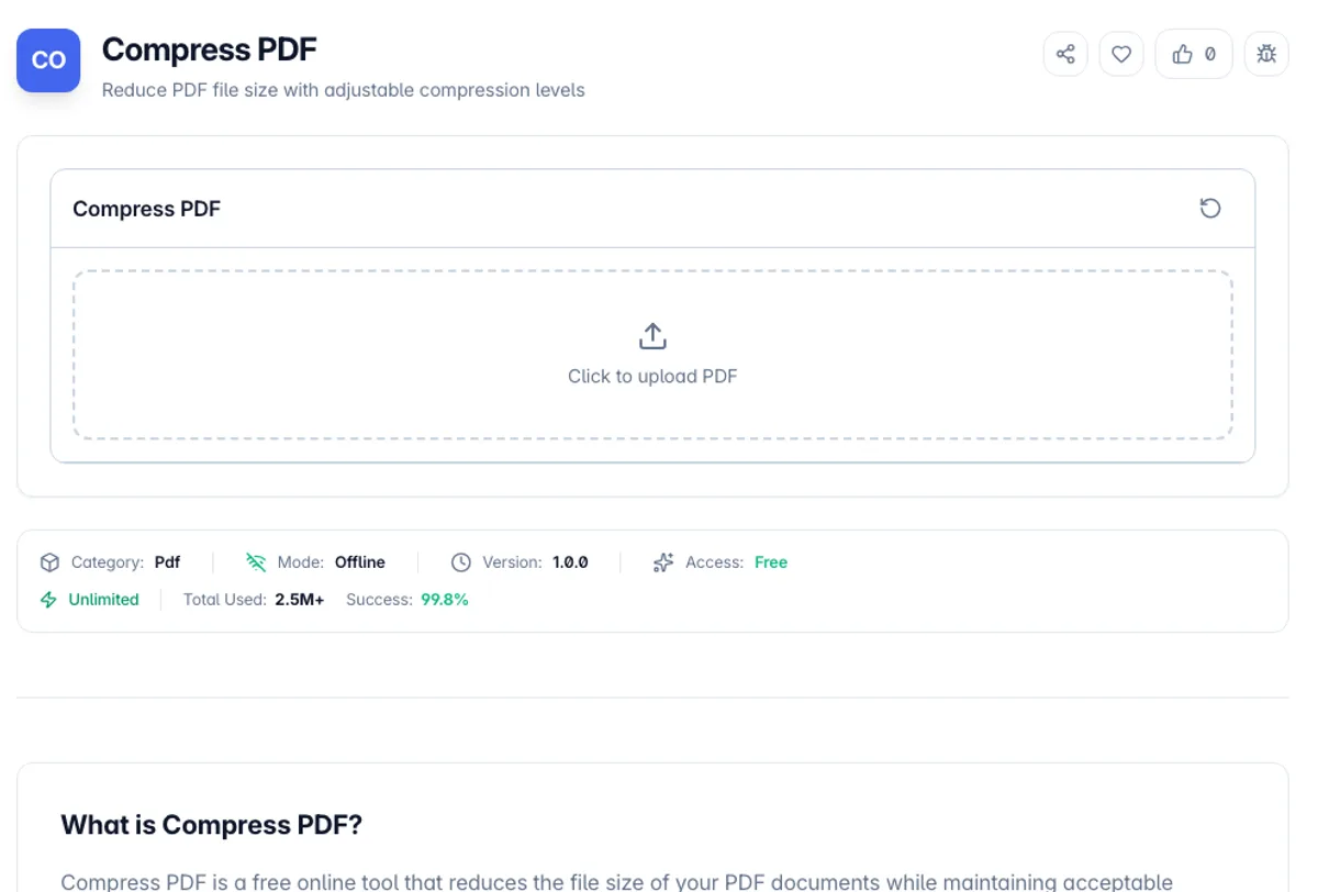 Compress PDF interface on Toolz.dev - Reduce PDF file size with adjustable compression levels