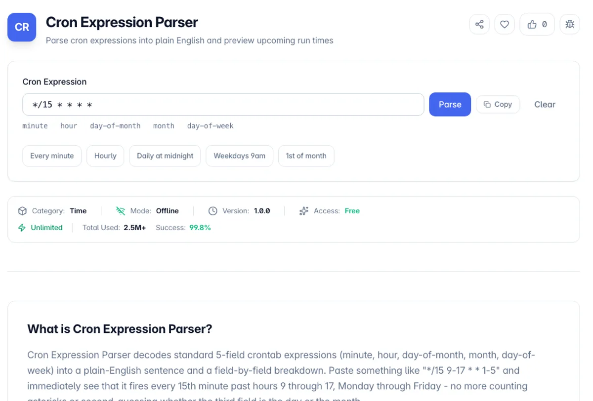 Cron Expression Parser interface on Toolz.dev - Parse cron expressions into plain English and preview upcoming run times