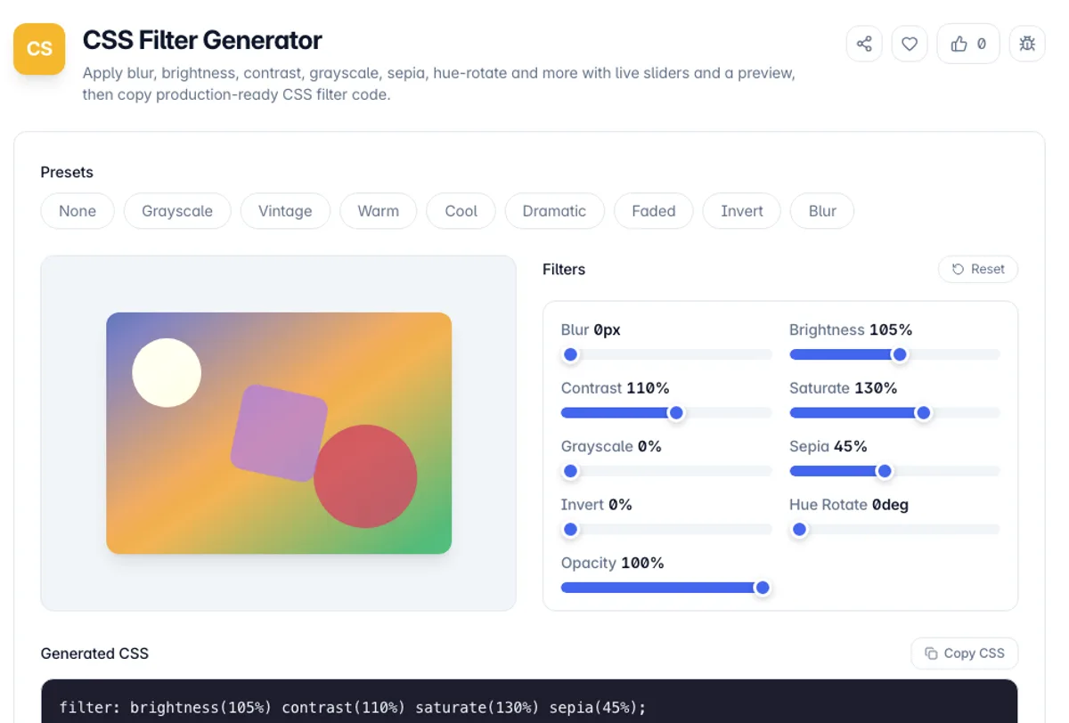 CSS Filter Generator interface on Toolz.dev - Apply blur, brightness, contrast, grayscale, sepia, hue-rotate and more with live sliders and a preview, then copy production-ready CSS filter code.
