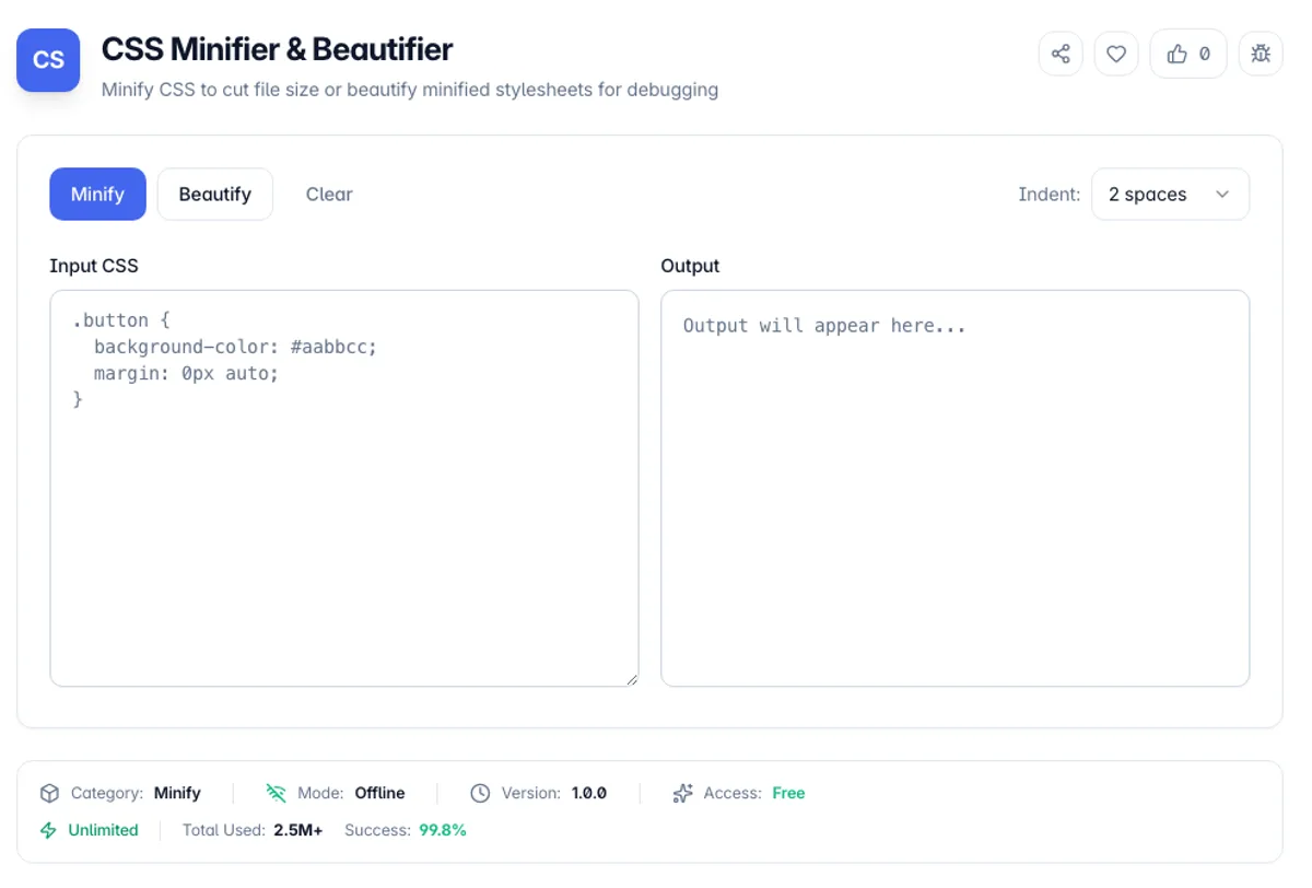 CSS Minifier & Beautifier interface on Toolz.dev - Minify CSS to cut file size or beautify minified stylesheets for debugging