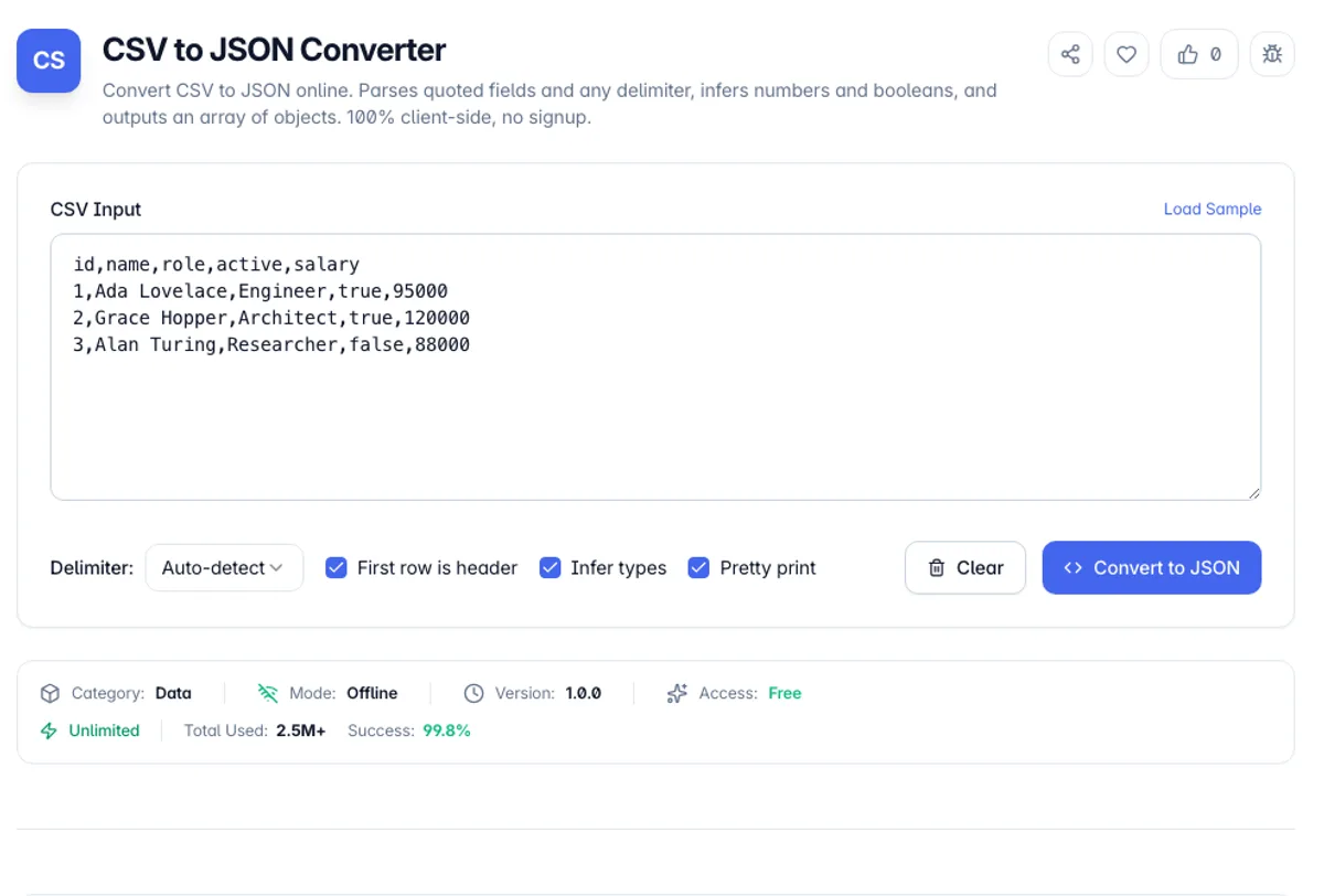 CSV to JSON Converter interface on Toolz.dev - Convert CSV to JSON online. Parses quoted fields and any delimiter, infers numbers and booleans, and outputs an array of objects. 100% client-side, no signup.