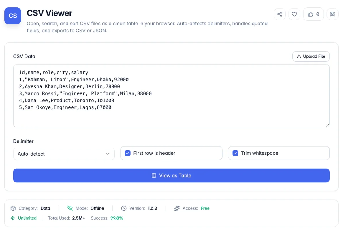 CSV Viewer interface on Toolz.dev - Open, search, and sort CSV files as a clean table in your browser. Auto-detects delimiters, handles quoted fields, and exports to CSV or JSON.