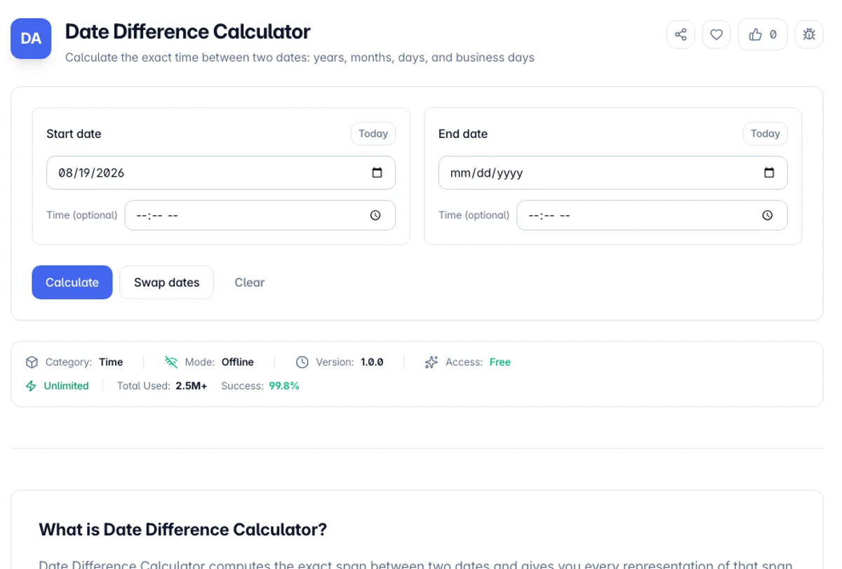 Date Difference Calculator interface on Toolz.dev - Calculate the exact time between two dates: years, months, days, and business days