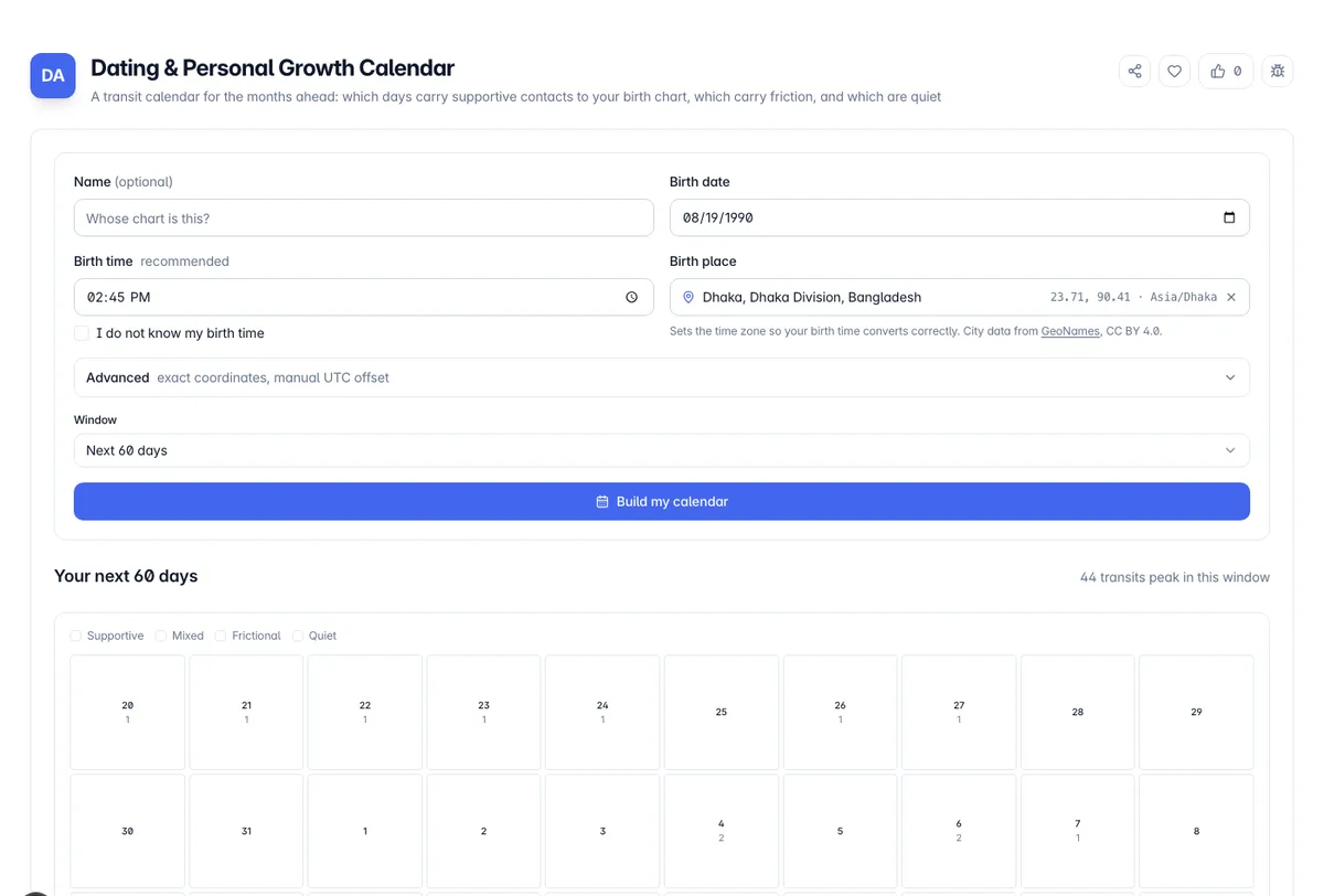 Dating & Personal Growth Calendar interface on Toolz.dev - A transit calendar for the months ahead: which days carry supportive contacts to your birth chart, which carry friction, and which are quiet
