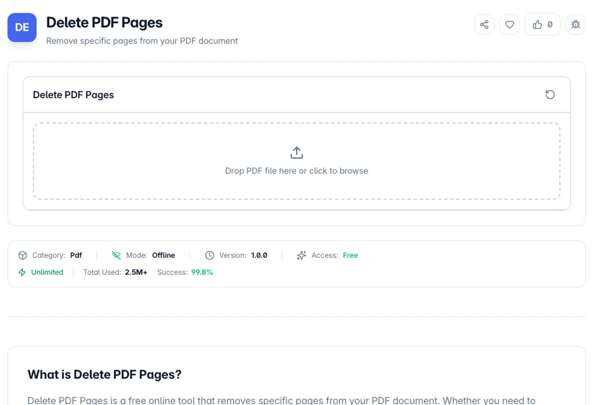 Delete PDF Pages interface on Toolz.dev - Remove specific pages from your PDF document