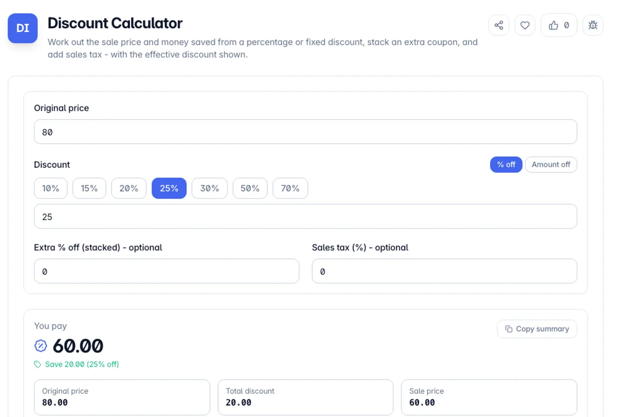 Discount Calculator interface on Toolz.dev - Work out the sale price and money saved from a percentage or fixed discount, stack an extra coupon, and add sales tax - with the effective discount shown.