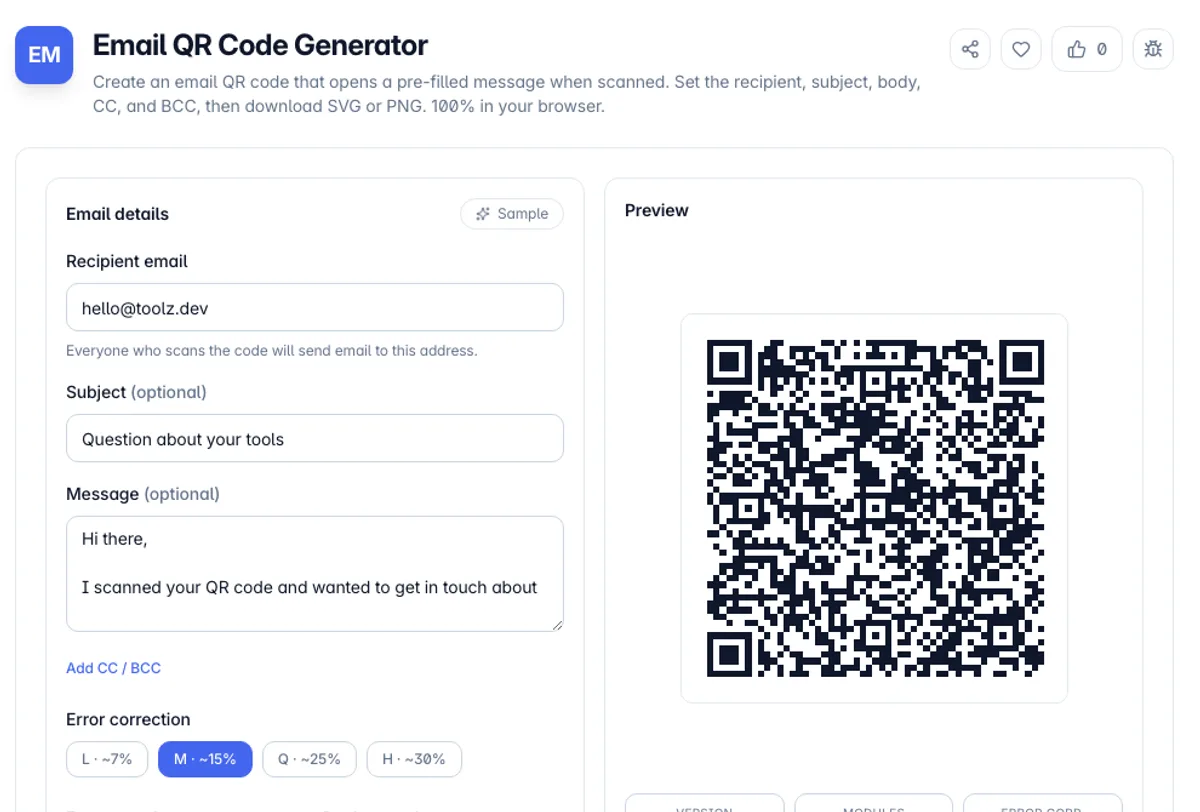 Email QR Code Generator interface on Toolz.dev - Create an email QR code that opens a pre-filled message when scanned. Set the recipient, subject, body, CC, and BCC, then download SVG or PNG. 100% in your browser.