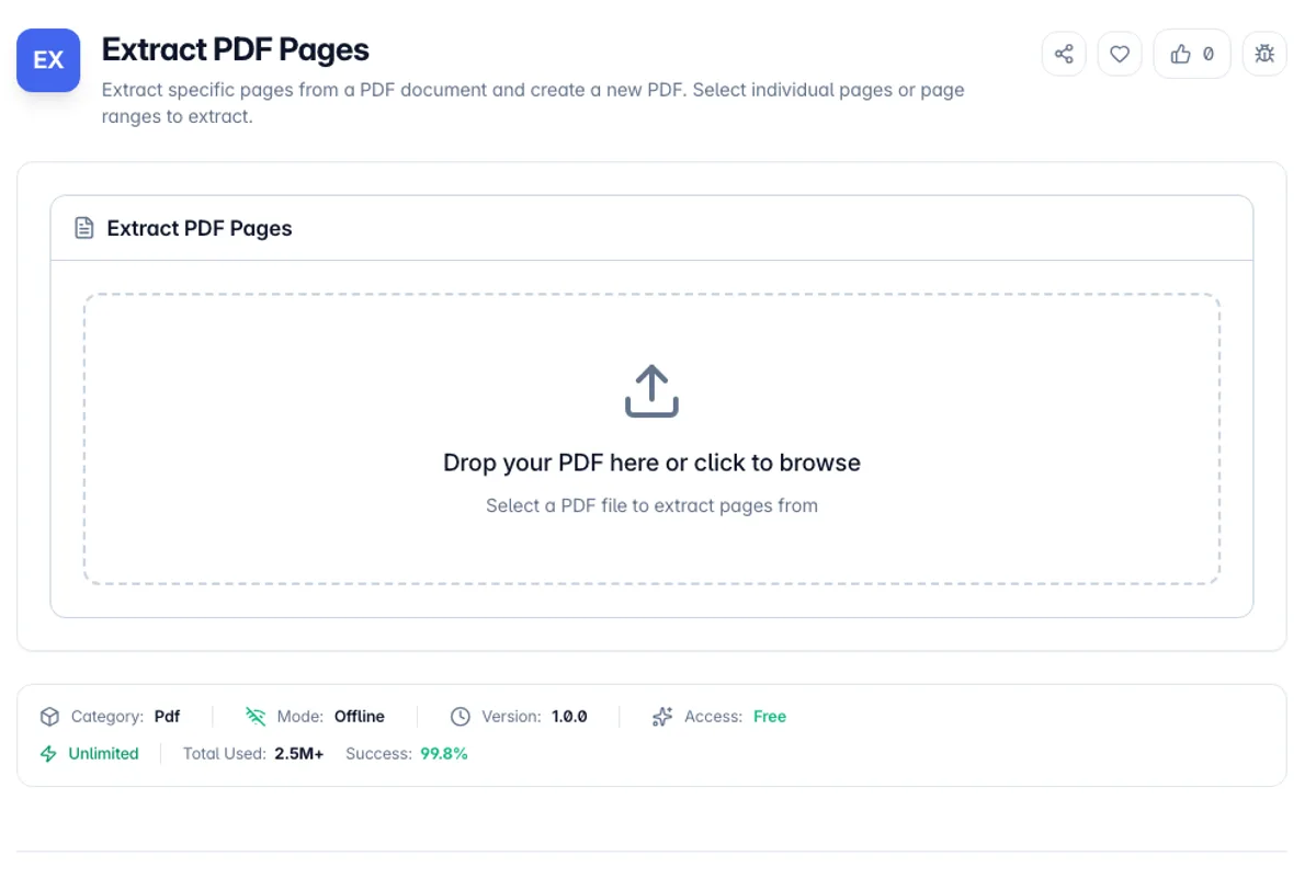 Extract PDF Pages interface on Toolz.dev - Extract specific pages from a PDF document and create a new PDF. Select individual pages or page ranges to extract.