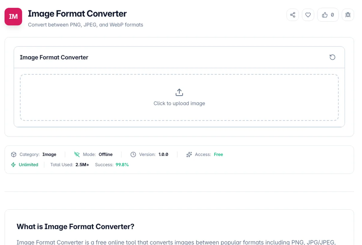 Image Format Converter interface on Toolz.dev - Convert between PNG, JPEG, and WebP formats