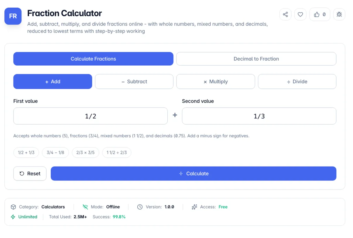 Fraction Calculator interface on Toolz.dev - Add, subtract, multiply, and divide fractions online - with whole numbers, mixed numbers, and decimals, reduced to lowest terms with step-by-step working
