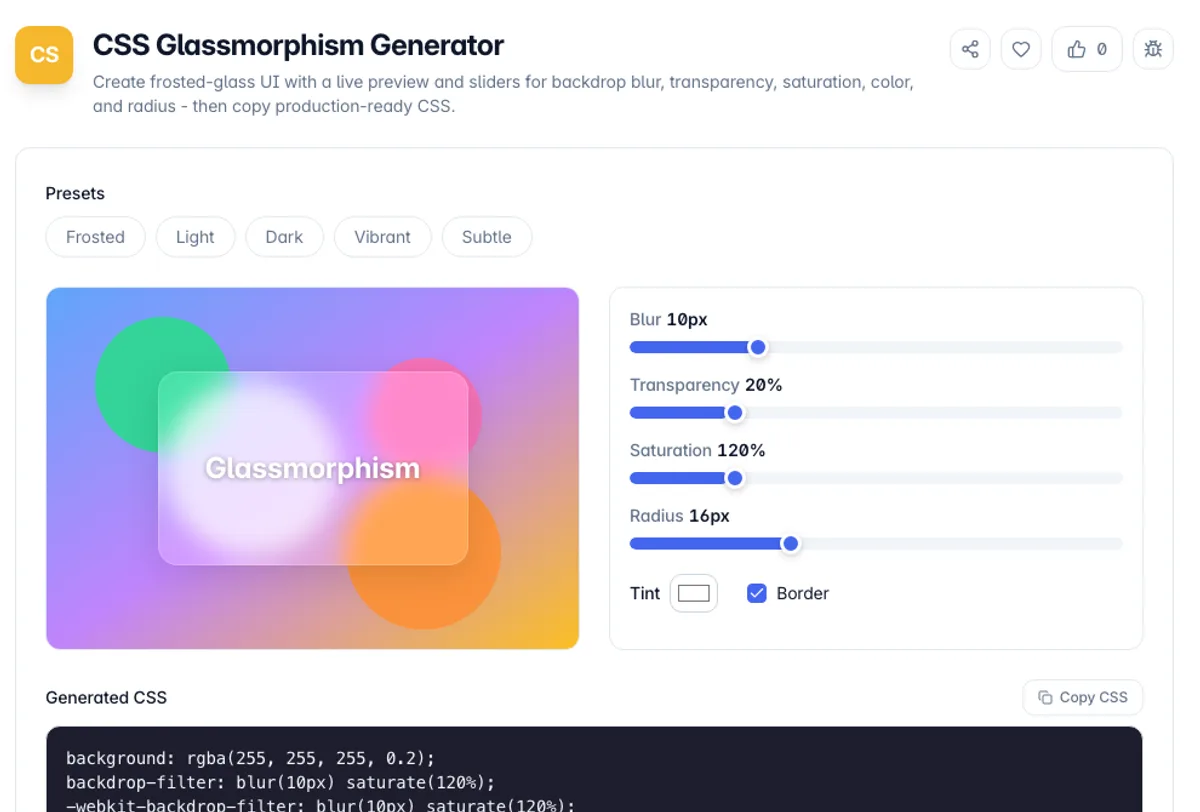 CSS Glassmorphism Generator interface on Toolz.dev - Create frosted-glass UI with a live preview and sliders for backdrop blur, transparency, saturation, color, and radius - then copy production-ready CSS.