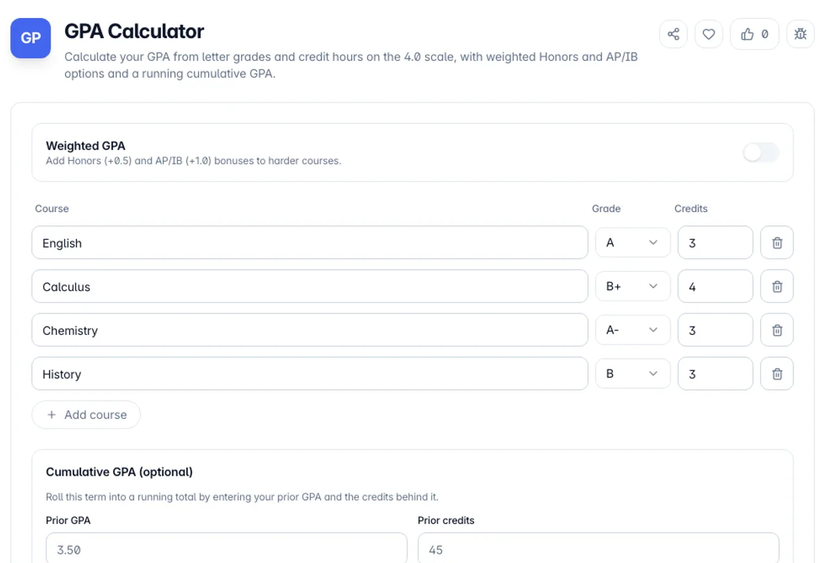 GPA Calculator interface on Toolz.dev - Calculate your GPA from letter grades and credit hours on the 4.0 scale, with weighted Honors and AP/IB options and a running cumulative GPA.