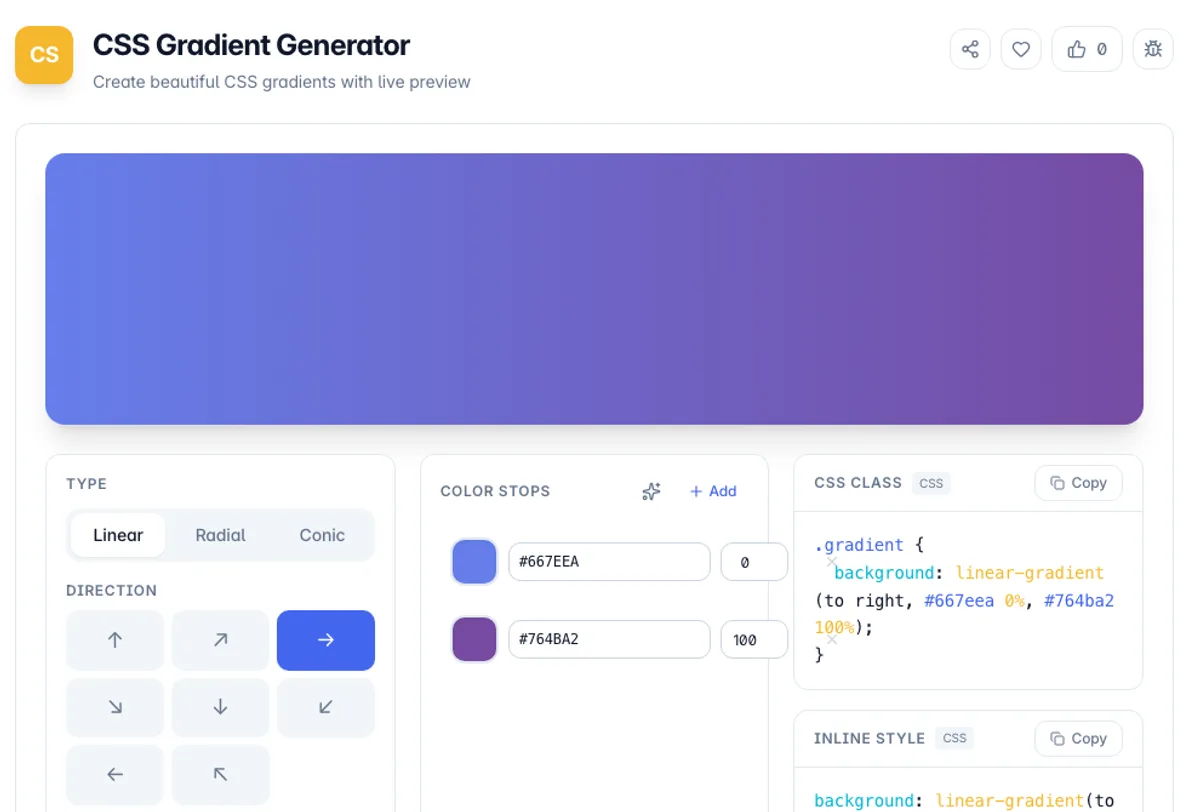 CSS Gradient Generator interface on Toolz.dev - Create beautiful CSS gradients with live preview
