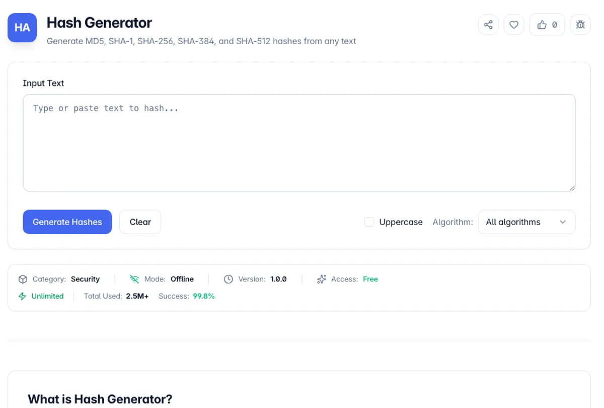 Hash Generator interface on Toolz.dev - Generate MD5, SHA-1, SHA-256, SHA-384, and SHA-512 hashes from any text