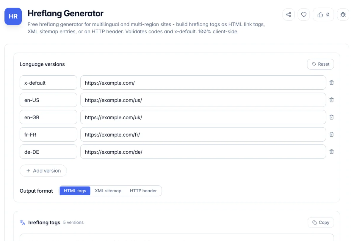 Hreflang Generator interface on Toolz.dev - Free hreflang generator for multilingual and multi-region sites - build hreflang tags as HTML link tags, XML sitemap entries, or an HTTP header. Validates codes and x-default. 100% client-side.