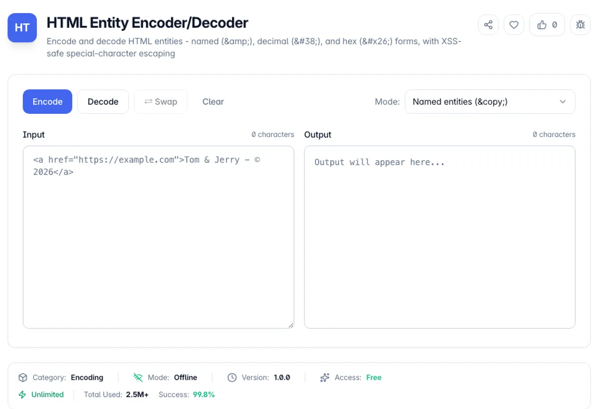 HTML Entity Encoder/Decoder interface on Toolz.dev - Encode and decode HTML entities - named (&), decimal (&), and hex (&) forms, with XSS-safe special-character escaping