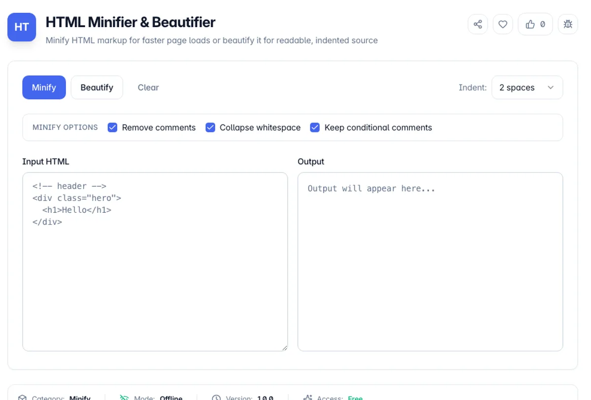 HTML Minifier & Beautifier interface on Toolz.dev - Minify HTML markup for faster page loads or beautify it for readable, indented source