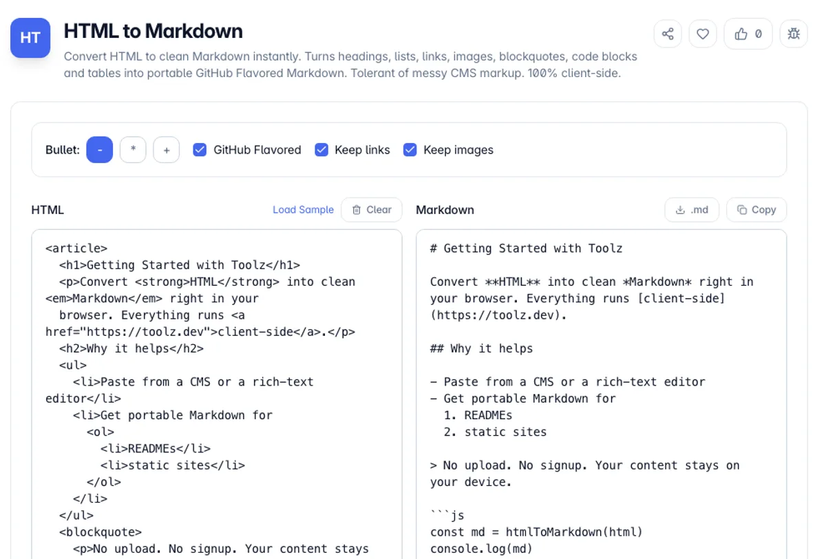 HTML to Markdown interface on Toolz.dev - Convert HTML to clean Markdown instantly. Turns headings, lists, links, images, blockquotes, code blocks and tables into portable GitHub Flavored Markdown. Tolerant of messy CMS markup. 100% client-side.