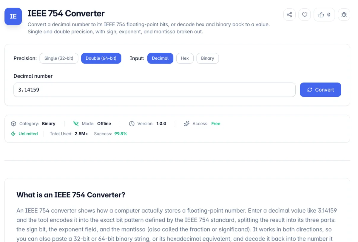 IEEE 754 Converter interface on Toolz.dev - Convert a decimal number to its IEEE 754 floating-point bits, or decode hex and binary back to a value. Single and double precision, with sign, exponent, and mantissa broken out.