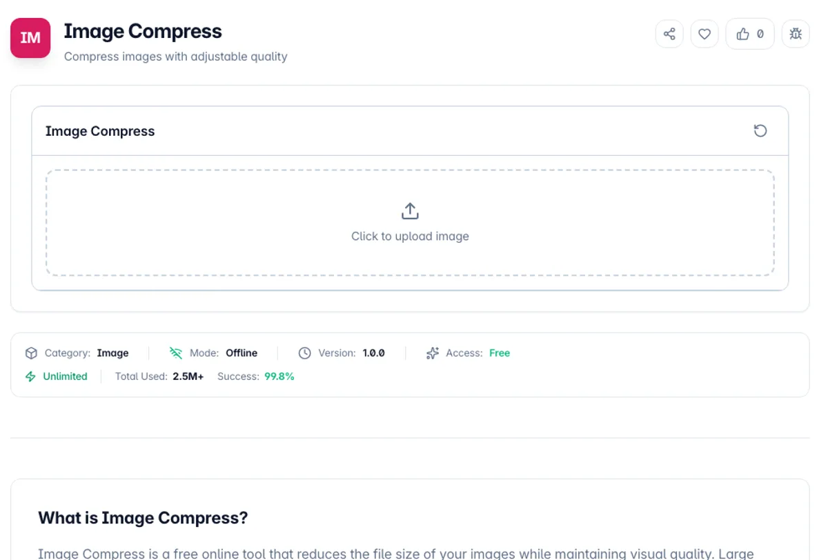 Image Compress interface on Toolz.dev - Compress images with adjustable quality