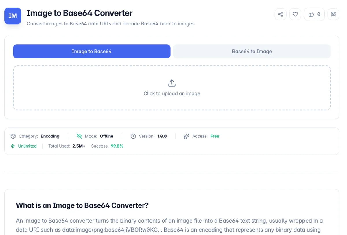 Image to Base64 Converter interface on Toolz.dev - Convert images to Base64 data URIs and decode Base64 back to images.