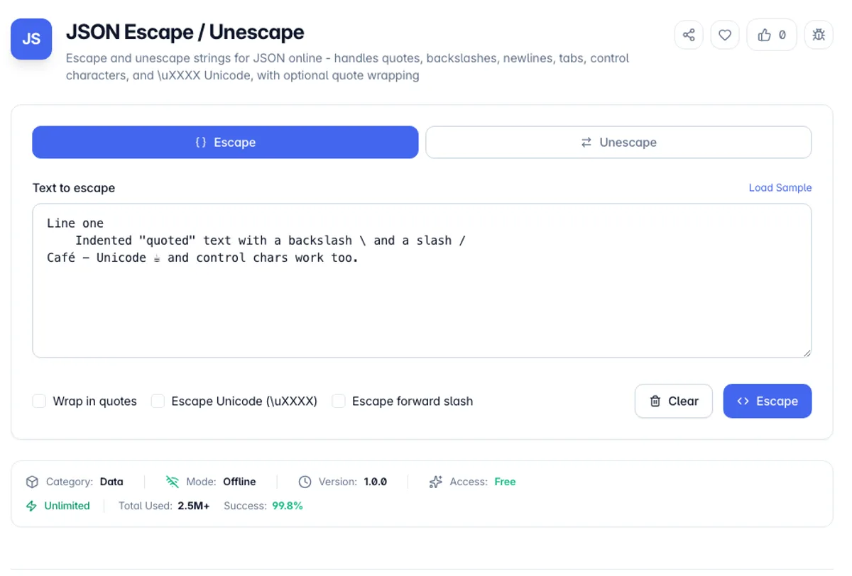 JSON Escape / Unescape interface on Toolz.dev - Escape and unescape strings for JSON online - handles quotes, backslashes, newlines, tabs, control characters, and \uXXXX Unicode, with optional quote wrapping