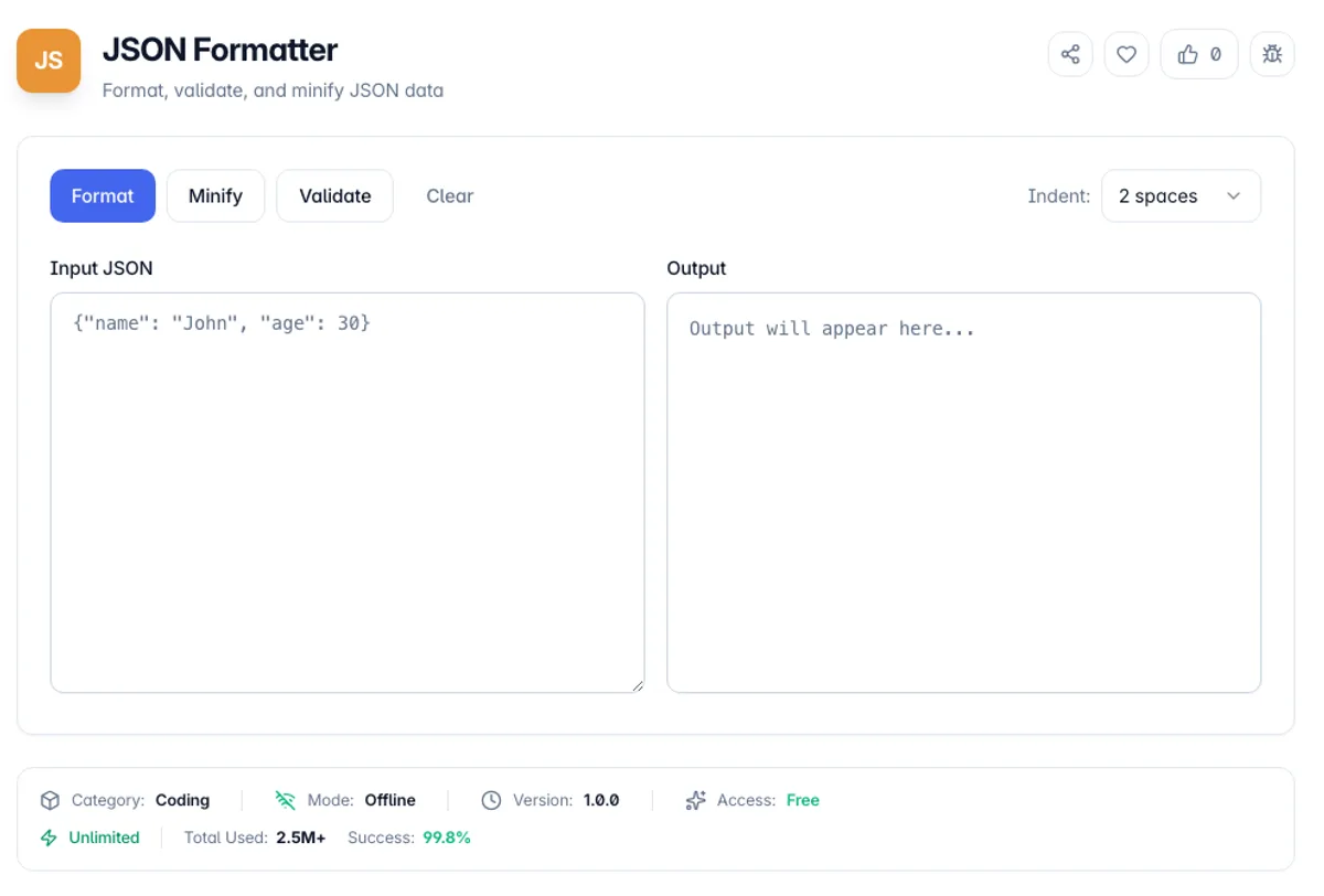 JSON Formatter interface on Toolz.dev - Format, validate, and minify JSON data