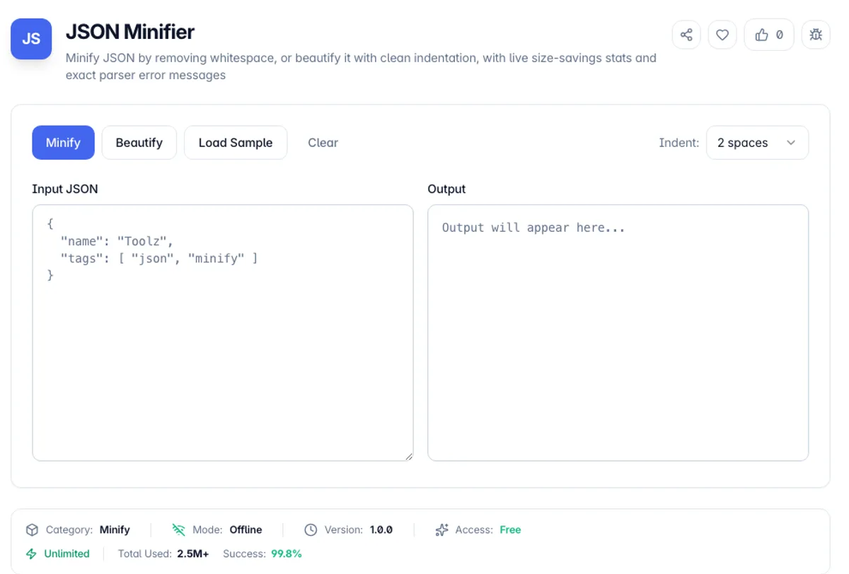 JSON Minifier interface on Toolz.dev - Minify JSON by removing whitespace, or beautify it with clean indentation, with live size-savings stats and exact parser error messages