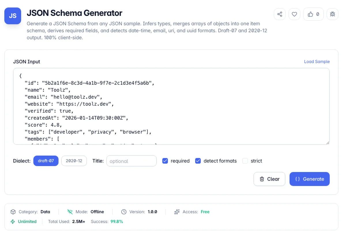 JSON Schema Generator interface on Toolz.dev - Generate a JSON Schema from any JSON sample. Infers types, merges arrays of objects into one item schema, derives required fields, and detects date-time, email, uri, and uuid formats. Draft-07 and 2020-12 output. 100% client-side.